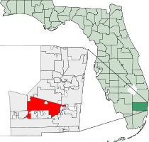 Location of Davie within eastern (incorporated) part of Broward County, Florida