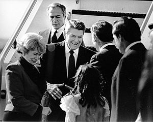 Mayor Raymond L. Flynn greeting President Ronald Reagan at airport with Margaret Heckler (9516906731)