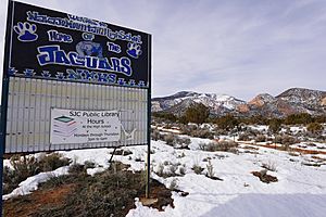 Navajo Mountain High School entrance sign, January 2019