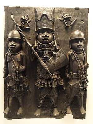 Plaque depicting chief flanked by two warriors, Benin, AD 1550-1650 - African collection - Peabody Museum, Harvard University - DSC05790