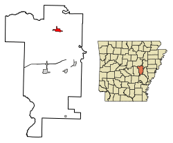 Location of Des Arc in Prairie County, Arkansas.