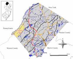 Map of Walpack Township in Sussex County. Inset: Location of Sussex County highlighted in the State of New Jersey.