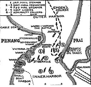 When the Emden Raided Penang, Map, fromThe New York Times, Dec