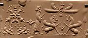 Achaemenid cylinder seal showing 2 scenes. An Achaemenid king before 2 sphinxes (below god Ahura Mazda). Supernatural creature fighting 2 ibexes. 6th-4th century BCE. From Hillah, Iraq. British Museum (cropped)