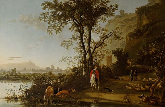 Aelbert Cuyp, Landscape with a Horseman, Figures, and Cattle, c. 1655 at Waddesdon Manor