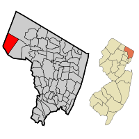Map highlighting Oakland's location within Bergen County. Inset: Bergen County's location within New Jersey.