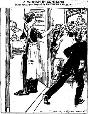 Cartoon by Marguerite Martyn portraying Edith Roosevelt guarding the door to Theodore Roosevelts room