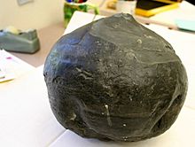 A greyish-brown round object with some pits and horizontal lines about the size of a cantaloupe.