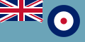 Sky blue flag with concentric circle RAF icon in right half and Union Flag as top-left quarter.