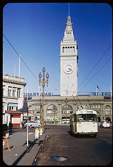 Ferry Building with Muni trolleybus, 1953