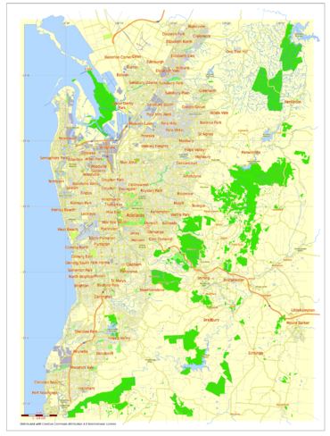 Map of Adelaide, Australia, printable and editable