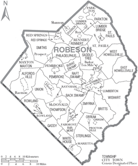 Map of Robeson County North Carolina With Municipal and Township Labels