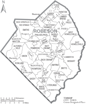 Map of Robeson County North Carolina With Municipal and Township Labels