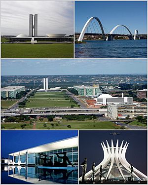 From upper left: National Congress of Brazil, Juscelino Kubitschek bridge, Monumental Axis, Palácio da Alvorada and Cathedral of Brasília.