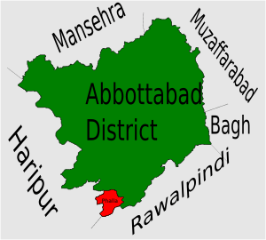 Location of Phalla Union Council (highlighted in red) within Abbottabad district, the names of the neighbouring districts to Abbottabad are also shown