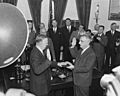 Photograph of George C. Marshall being sworn in as Secretary of State in the Oval Office by Chief Justice Fred... - NARA - 199520