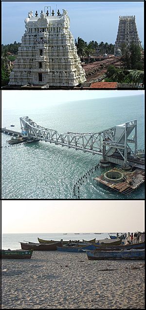 Montage image showing temple, bridge, and fishing boats top to bottom.