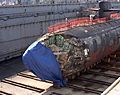 US Navy 050127-N-4658L-030 The Los Angeles-class fast-attack submarine USS San Francisco (SSN 711) in dry dock to assess damage sustained after running aground approximately 350 miles south of Guam Jan. 8, 2005