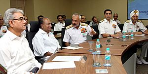 A. K. Antony at the Bi-annual Naval Commanders' Conference 2013 in New Delhi on May 14, 2013. The Defence Secretary, Shri Shashikant Sharma and the Chief of Naval Staff, Admiral D.K. Joshi are also seen