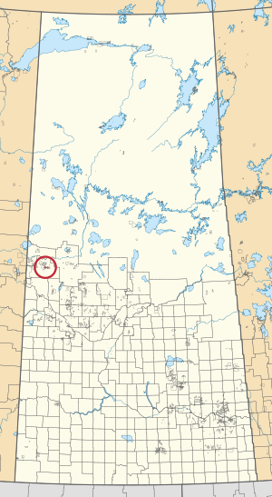 A map of the province of Saskatchewan showing 297 rural municipalities and hundreds of small Indian reserves. One is highlighted with a red circle.