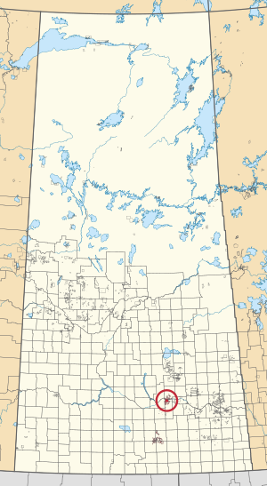 A map of the province of Saskatchewan showing 297 rural municipalities and hundreds of small Indian reserves. One is highlighted with a red circle.