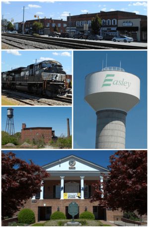 Top, left to right: Downtown Easley, Norfolk Southern Railway, Easley Mill, Easley water tower, Easley City Hall