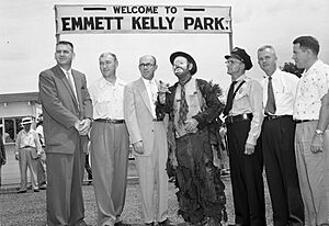 Emmett Kelly attends dedication of Emmett Kelly Park. Houston, MO Aug 9, 1956. Missouri State Archives-CID Box44 Folder291-1024x702
