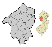 Map of Lambertville in Hunterdon County. Inset: Location of Hunterdon County highlighted in the State of New Jersey.