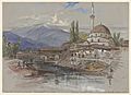 Landscape of the Monastir, Ishak Chelebi Mosque and Dragor river by Edward Lear (1848)