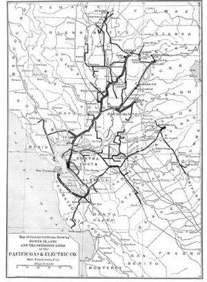 Map of Central California Showing Power Plants and Transmission Lines of the Pacific Gas and Electric Company c 1912
