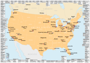 Map of Cities in the USA and Canada with MLB, MLS, NBA, NFL or NHL Teams