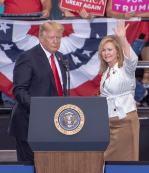 Marsha Blackburn and Donald Trump waving at Nashville Rally 2