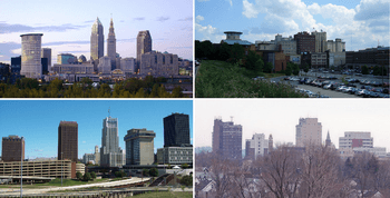 (Counterclockwise from top)Skylines of Cleveland, Akron, Canton, and Youngstown