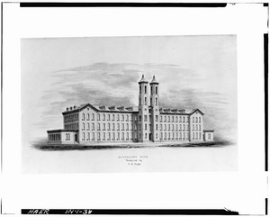 PHOTOCOPY OF ARCHITECTURAL WASH DRAWING OF CANNELTON MILL 'designed by Tefft' COURTESY JOHN HAY LIBRARY, BROWN UNIVERSITY - Cannelton Cotton Mill, Front and Fourth Streets, HAER IND,62-CANN,2-38