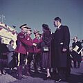 Queen Elizabeth II and Prince Philip being greeted by the RCMP during her visit to Canada