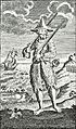 Engraving of Robinson Crusoe standing on the shore of an island, dressed in hair-covered goatskin clothing
