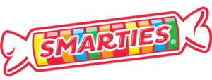 The Smarties Candy Company logo on a transparent background. The logo consists of an illustration of a roll of Smarties wafer candies. The wafers are multicolored, and the roll is emblazened with the word "SMARTIES" in red.