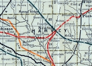 Stouffer's Railroad Map of Kansas 1915-1918 Harvey County