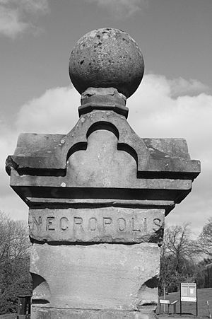 The gatepost at the entrance to the Western Necropolis in Glasgow
