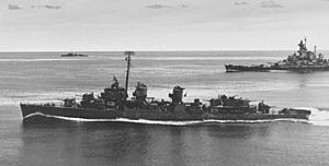 USS Knapp (DD-653) with USS Alabama (BB-60) in April 1944