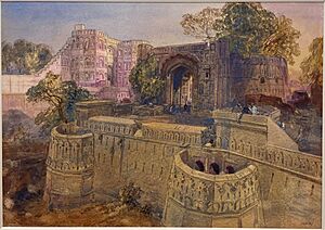 Watercolour painting titled 'Taxali Darwaza, Lahore', painted in 1865 by William Simpson