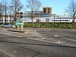 Altnagelvin Junction, which in 2004 saw 12930 vehicles pass through every day. Altnagelvin Area Hospital is in the background.