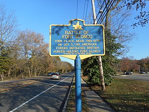 Historic marker for the "Battle of Fort Slongo" along eastbound NY 25A.