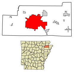 Location of Jonesboro in Craighead County, Arkansas.