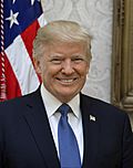 Official portrait of Donald Trump wearing a navy blue suit and smiling in front of the United States flag.