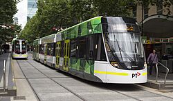 E 6001 and E 6002 (Melbourne trams) in Bourke St on route 96, 2013.JPG