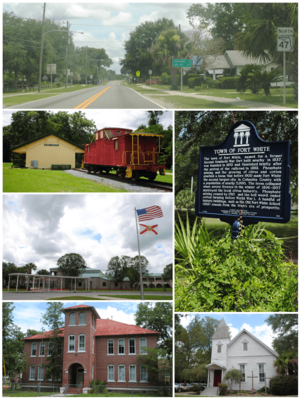 Top, left to right: Florida State Road 47 in Fort White, Fort White Train Depot, Fort White High School, Town of Fort White sign, Fort White Public School Historic District, Fort White United Methodist Church
