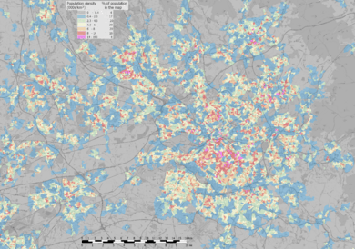 Greater Manchester & Warrington population density map, 2011 census