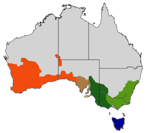map of Australia showing multicolored area across south of the country