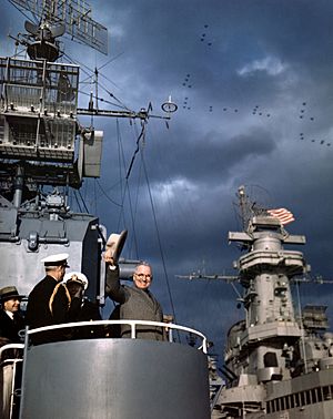 Harry S. Truman aboard USS Renshaw (DD-499) during the Navy Day Fleet Review in New York Harbor, 27 October 1945 (80-G-K-15861)
